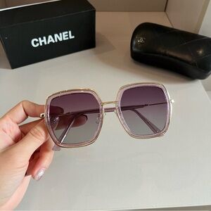 Chanel Oversized Square Pink Glitter Sunglasses Gold